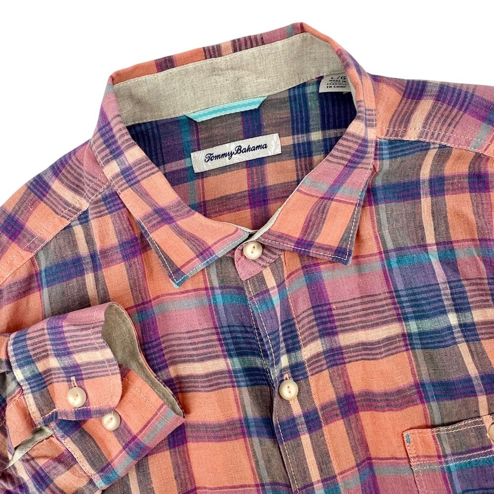 Tommy Bahama Mens Large Linen Plaid Button Up Shirt Orange Purple Long Sleeve